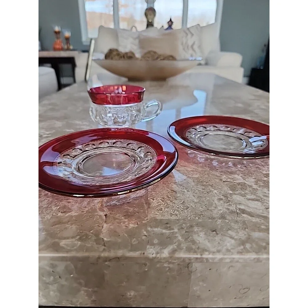 Indiana Glass Kings Crown Ruby Flash Cup And 2 Saucers - Picture 3 of 3